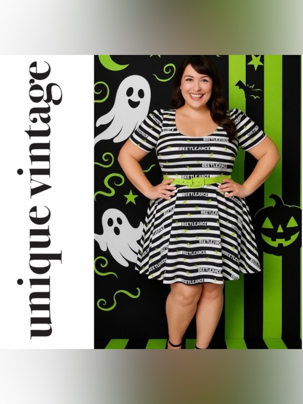 Unique Vintage x Beetlejuice Black & White Stripes & Bugs Halloween Dress, NWT!
